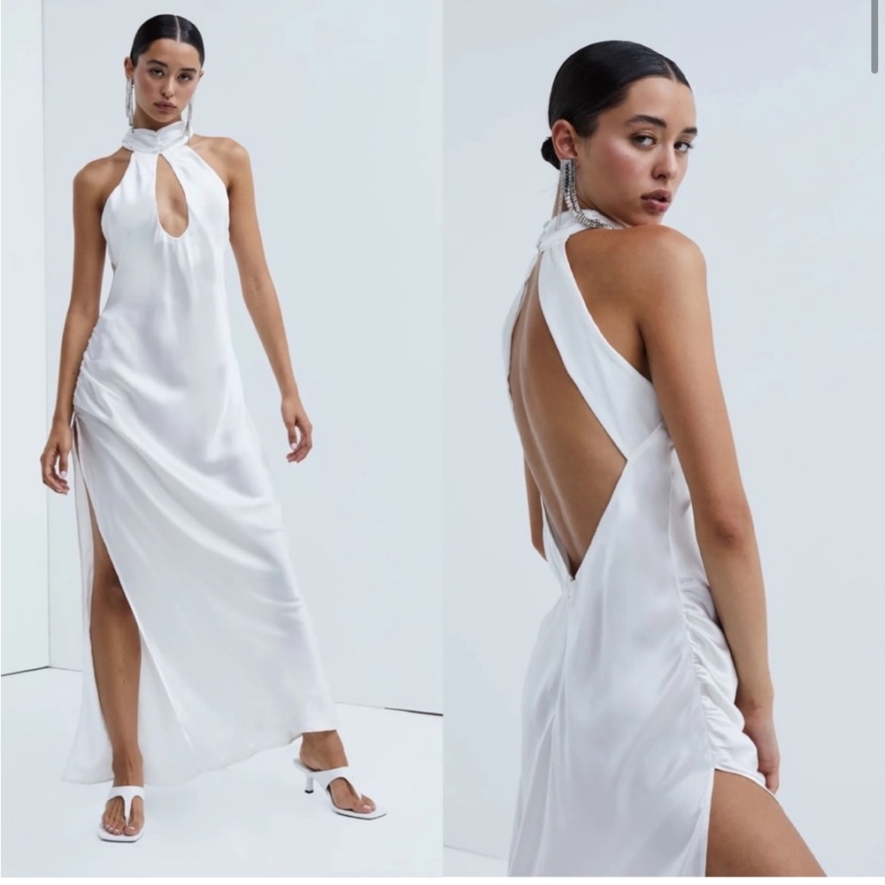 NWOT For Love & Lemons Pia Halter Satin Maxi Dress White Slit Bridal Keyhole